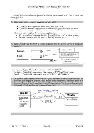 Méthodologie Merise - Cours du cycle B du Cnam.doc
______________________________________________________________________________


    Notons qu'une association est partielle si une des cardinalité est à 0. Donc ici, elles sont
 toutes partielles.

 3. Lister toutes les incohérences acceptées par votre MCD

            Un salarié peut n'appartenir à rien (ni section, ni service),
            Un salarié peut être responsable d'un autre service que celui dont il fait partie.

   Il faut donc mettre en place des contraintes applicatives:
        - Un responsable d'un service doit être "Rattaché directement" au même service,
        - Tout salarié est rattaché soit à une section, soit à un service.


 4. Faire apparaître sur le MCD le chemin emprunté lors de la mise œuvre du traitement
    suivant :
                                                                     Liste des sections
        Employé
                                                                    Liste des employés de la
        E-mail                                                      section sélectionnée

                                                                           E-mail de l’employé
                                                                           sélectionné




   Section: On prend toutes les occurrences de l'entité SECTION,
   Employé: Cardinalité 1,n pour avoir les occurrences de SALARIE concernées,
   E-mail:  Cardinalité 0,1 pour avoir la propriété du SALARIE concerné.

 5. On souhaite modifier la modélisation de façon à permettre la mémorisation de tous les
    prénoms d’un employé. Certains, aux parents forts imaginatifs, admettent jusqu’à 5
    prénoms ! Proposer une solution qui permet l’enregistrement non seulement des prénoms
    d’un employé mais aussi de leur ordre dans l’état civil.




___________________________________________________________________
  DI GALLO Frédéric                           Page 34                                          15/07/01
 