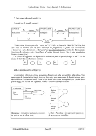 Méthodologie Merise - Cours du cycle B du Cnam.doc
______________________________________________________________________________



   f) Les associations transitives

   Considérons le modèle suivant :

 CONTRAT                                  APPARTEMENT                                 PROPRIETAIRE
                1,1                0,n                       1,1                1,n
                      Concerner                                    Appartenir
 NumContrat                               NumAppart                                   NumPropiétaire
 ….                                       …                                           …

                      1,1                                                   1,n
                                                Etablir

    L’association binaire qui relie l’entité « CONTRAT » et l’entité « PROPRIETAIRE» doit
 être ôtée du modèle car on peut retrouver le propriétaire à partir des associations
 « Concerner » et « Appartenir ». Il s’agit d’une association transitive. Seules les dépendances
 fonctionnelles directes entre identifiants d’entités devront donner lieu à des association
 binaires de type (1-n).
    On veillera à supprimer les dépendances transitives pour ne pas surcharger le MCD car on
 risque de faire des incohérences comme:
                 P2                      C1                  A1                           P1



   g) Les associations réflexives

    L’association réflexive est une association binaire qui relie une entité à elle-même. Une
 occurrence de l’association établit donc un lien entre une occurrence de l’entité et une autre
 occurrence de cette même entité. Dans le cas d’une association non symétrique, on doit faire
 porter le rôle sur chacun des segments, comme l’illustre l’exemple suivant.


  PERSONNE        Parent de
                  0,n                                     Dubois
  Nom                         Parenté                     Albert
  Prénom
                  0,n
                  Enfant de                               Durand
                                                          Paul


                                                          Delage
                                                          Emile

 Remarque : on suppose que deux personnes             Le lien « Parent de » est représenté au moyen
 ne portent pas le même nom.                          de segments en pointillés.




___________________________________________________________________
  DI GALLO Frédéric                             Page 35                                          15/07/01
 