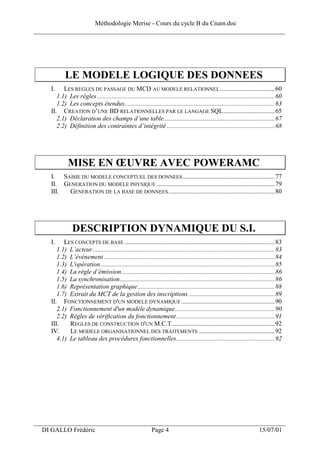 Méthodologie Merise - Cours du cycle B du Cnam.doc
______________________________________________________________________________




            LE MODELE LOGIQUE DES DONNEES
     I.    LES REGLES DE PASSAGE DU MCD AU MODELE RELATIONNEL ..................................60
        1.1) Les règles ..............................................................................................................60
        1.2) Les concepts étendus.............................................................................................63
     II. CREATION D’UNE BD RELATIONNELLES PAR LE LANGAGE SQL................................65
        2.1) Déclaration des champs d’une table.....................................................................67
        2.2) Définition des contraintes d’intégrité ...................................................................68




              MISE EN ŒUVRE AVEC POWERAMC
     I. SAISIE DU MODELE CONCEPTUEL DES DONNEES .........................................................77
     II. GENERATION DU MODELE PHYSIQUE .........................................................................79
     III.  GENERATION DE LA BASE DE DONNEES ..................................................................80




                DESCRIPTION DYNAMIQUE DU S.I.
     I.    LES CONCEPTS DE BASE .............................................................................................83
        1.1) L’acteur.................................................................................................................83
        1.2) L’événement ..........................................................................................................84
        1.3) L'opération............................................................................................................85
        1.4) La règle d’émission...............................................................................................86
        1.5) La synchronisation................................................................................................86
        1.6) Représentation graphique.....................................................................................88
        1.7) Extrait du MCT de la gestion des inscriptions .....................................................89
     II. FONCTIONNEMENT D'UN MODELE DYNAMIQUE ..........................................................90
        2.1) Fonctionnement d'un modèle dynamique..............................................................90
        2.2) Règles de vérification du fonctionnement .............................................................91
     III.    REGLES DE CONSTRUCTION D'UN M.C.T................................................................92
     IV.     LE MODELE ORGANISATIONNEL DES TRAITEMENTS ...............................................92
        4.1) Le tableau des procédures fonctionnelles.............................................................92




___________________________________________________________________
  DI GALLO Frédéric                                          Page 4                                                        15/07/01
 