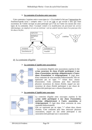 Méthodologie Merise - Cours du cycle B du Cnam.doc
______________________________________________________________________________


                   La contrainte d’exclusion entre sous-types

    Cette contrainte s’exprime entre n sous-types (n >=2) et traduit le fait que l’intersection des
 Ens(SousTypesi) (avec i compris entre 1 et n) est vide ce qui revient à dire que toute
 occurrence de l’entité sur-type ne peut participer qu’à l’un ou l’autre (ou aucun) des sous-
 types de la contrainte. Dans l’exemple relatif à la modélisation du personnel du service
 informatique, un employé est soit un extérieur soit un salarié interne mais il ne peut pas être
 les deux à la fois.
                            EMPLOYE
                            NoEmployé
                            Nom                                  +      combine           T
                            Prénom
                                                                                          X


                INTERNE               +        EXTERIEUR
                DateEmbauche                   NomSSII




    d) La contrainte d'égalité

                   La contrainte d’ égalité entre associations

                                     La contrainte d'égalité entre associations exprime le fait
                                  qu'une occurence de classe d'entité participant à une
                                  classe d'association, participe obligatoirement à l'autre
                                  classe d'association, et réciproquement. Il s'agit donc
                                  d'une contrainte de sous-ensemble bidirectionnelle. Elle est
                                  représenté par un signe "=" reliant deux classes
                                  d'association. Cette contrainte peut faire intervenir
                                  plusieurs occurences de classes d'entité, auquel cas une
                                  occurence de classe d'entité participant à une classe de
                                  relation doit participer aux n classes d'association.

                   La contrainte d’ égalité entre sous-types

                                   La contrainte d'égalité entre sous-types exprime le fait
                                   qu'une entité participant à une classe d'association,
                                   participe obligatoirement à l'autre association, et
                                   réciproquement. Il s'agit donc d'une contrainte de sous-
                                   ensemble bidirectionnelle.
                                   Elle est représenté par un signe "=" reliant deux classes
                                   d'entités. Cette contrainte peut faire intervenir plusieurs
                                   associations, auquel cas une entité participant à une
                                   association doit participer aux n associations.



___________________________________________________________________
  DI GALLO Frédéric                          Page 50                                     15/07/01
 
