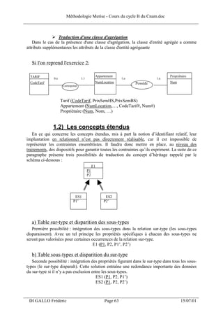 Méthodologie Merise - Cours du cycle B du Cnam.doc
______________________________________________________________________________


                  Traduction d'une classe d'agrégation
     Dans le cas de la présence d'une classe d'agrégation, la classe d'entité agrégée a comme
 attributs supplémentaires les attributs de la classe d'entité agrégeante


    Si l'on reprend l'exercice 2:

   TARIF                                        Appartement                          Propriétaire
                0,n                 1,1                        1,n             1,n
   CodeTarif                                    NumLocation          Possède         Num
                       Correspond




                      Tarif (CodeTarif, PrixSemHS,PrixSemBS)
                      Appartement (NumLocation,…, CodeTarif#, Num#)
                      Propriétaire (Num, Nom, …)


                1.2) Les concepts étendus
    En ce qui concerne les concepts étendus, mis à part la notion d’identifiant relatif, leur
 implantation en relationnel n’est pas directement réalisable, car il est impossible de
 représenter les contraintes ensemblistes. Il faudra donc mettre en place, au niveau des
 traitements, des dispositifs pour garantir toutes les contraintes qu’ils expriment. La suite de ce
 paragraphe présente trois possibilités de traduction du concept d’héritage rappelé par le
 schéma ci-dessous :
                                               E1
                                          P1
                                          P2




                               ES1                    ES2
                              P1’                    P2’




    a) Table sur-type et disparition des sous-types
    Première possibilité : intégration des sous-types dans la relation sur-type (les sous-types
 disparaissent). Avec un tel principe les propriétés spécifiques à chacun des sous-types ne
 seront pas valorisées pour certaines occurrences de la relation sur-type.
                                       E1 (P1, P2, P1’, P2’)

    b) Table sous-types et disparition du sur-type
    Seconde possibilité : intégration des propriétés figurant dans le sur-type dans tous les sous-
 types (le sur-type disparaît). Cette solution entraîne une redondance importante des données
 du sur-type si il n’y a pas exclusion entre les sous-types.
                                         ES1 (P1, P2, P1’)
                                         ES2 (P1, P2, P2’)

___________________________________________________________________
  DI GALLO Frédéric                                  Page 63                                15/07/01
 
