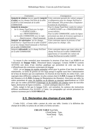 Méthodologie Merise - Cours du cycle B du Cnam.doc
______________________________________________________________________________


                    Contraintes                                     Conséquences
 Intégrité de relation (encore appelée intégrité   Cette contrainte garantit des valeurs uniques
 d’entité) sur les champs NoClient de la table     et obligatoires pour les champs NoClient et
 CLIENT et NoCommande de la table                  NoCommande. Elle permet donc d’implanter
 COMMANDE                                          la notion de clé primaire.
 Intégrité de domaine :                            Pour le champ TypeClient, seules les valeurs
 - sur le champ TypeClient avec la règle :         « PARTICULIER » ou « PROFESSIONNEL
             = « PARTICULIER »                     seront tolérées.
             ou « PROFESSIONNEL »                  Pour la table COMMANDE, seules les lignes
 - sur la table COMMANDE avec la règle :           présentant une date de livraison supérieure à
             DateLivraison > DateCommande          la date de commande seront tolérées
 Intégrité de valorisation sur les champs          Cette contrainte impose la présence d’une
 NomClient et TypeClient de la table CLIENT        valeur pour les champs cités.
 et sur les champs DateCommande et NoClient
 de la table COMMANDE
 Intégrité référentielle sur le champ NoClient     Cette contrainte impose que toute valeur du
 de la table COMMANDE                              champ NoClient de la table COMMANDE
                                                   appartienne à l’ensemble des valeurs du
                                                   champ NoClient de la table CLIENT.

    Le moyen le plus normalisé pour transmettre la structure d’une base à un SGBD R est
 l’utilisation du langage S.Q.L. (Structured Query Language). Certains SGBD R (comme
 ACCESS) sont dotés d’une interface graphique qui permettent de créer une base en
 s’affranchissant des contraintes syntaxiques du langage.
    S.Q.L. est un langage de requête normalisé utilisé pour la gestion d’une base de données
 relationnelle ; le terme de gestion est très large puisqu’il englobe aussi bien l’administration
 de la base de données que son exploitation. En fonction de leur finalité, les ordres S.Q.L. sont
 regroupés dans différentes catégories, les plus connues étant le L.D.D. (Langage de Définition
 des Données) et le L.M.D. (Langage de Manipulation des Données). Ainsi pour une table, les
 ordres permettant de créer, de modifier ou de détruire sa structure appartiendront au L.D.D
 alors que les ordres permettant d’interroger ou de modifier son contenu (ajout de nouvelles
 lignes, destruction de lignes existantes, …) seront catalogués dans le L.M.D.
    Enfin, malgré le fait que le langage S.Q.L. soit normalisé, les syntaxes des instructions
 diffèrent sensiblement d’un S.G.B.D. à l’autre. Les paragraphes qui suivent présentent les
 syntaxes reconnues par le SGBD ORACLE.


                2.1) Déclaration des champs d’une table
    L’ordre S.Q.L. « Create table » permet de créer une table. Limitée à la définition des
 champs de la table, la syntaxe de cet ordre a la forme suivante :

                               CREATE TABLE NomTable
                                        ( NomChamp Type,
                                          NomChamp Type,
                                          ……. )



___________________________________________________________________
  DI GALLO Frédéric                         Page 67                                     15/07/01
 