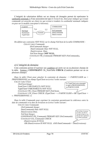 Méthodologie Merise - Cours du cycle B du Cnam.doc
______________________________________________________________________________


    L’intégrité de valorisation définie sur un champ clé étrangère permet de représenter la
 cardinalité minimale 1 d’une association de type (1-1) ou (1-n). Ainsi pour indiquer qu’à toute
 commande est associée un client (ce qui revient à traduire la cardinalité minimale indiquée
 en gras sur le modèle conceptuel ci-dessous),
             CLIENT                                 COMMANDE
                             1,n            1,1
             NoClient                               NoCommande
             NomClient             PASSER           DateCommande
             TypeClient                             DateLivraison



    On définit une contrainte NOT NULL sur le champ NoClient de la table COMMANDE :
                CREATE TABLE Commande
                       (NoCommande Integer
                         DateCommande Date NOT NULL,
                         DateLivraison Date,
                       NoClient Integer NOT NULL,
                       CONSTRAINT PK_Commande PRIMARY KEY (NoCommande),
                       )


    c) L’intégrité de domaine
    Cette contrainte permet d’exprimer une condition qui porte sur un ou plusieurs champs de
 la table. Syntaxe : CONSTRAINT CK_NomTable CHECK (Condition portant sur un ou
 plusieurs champs)

   Dans la table Client pour attacher la contrainte de domaine : = PARTICULIER ou =
 PROFESSIONNEL au champ TypeClient on écrira l’ordre suivant :
   CREATE TABLE Client
                                                              Le TypeClient sera renseigné
      (NoClient Integer
                                                              et égal à PROFESSIONNEL
      NomClient VARCHAR2(25) NOT NULL                         ou PARTICULIER
      TypeClient VARCHAR2(15) NOT NULL
      CONSTRAINT PK_Client PRIMARY KEY (NoClient),
      CONSTRAINT CK_Client CHECK (TypeClient = « PARTICULIER » OR TypeClient =
 « PROFESSIONNEL »)

    Dans la table Commande pour exprimer la contrainte garantissant la cohérence entre la
 date de commande et la date de livraison on écrira l’ordre suivant :
        CREATE TABLE Commande
            (NoCommande Integer
            DateCommande Date NOT NULL
                                                                           Soit la Date Livraison
            DateLivraison Date,                                            est nulle, soit elle ne
            NoClient Integer,                                              l’est pas et dans ce cas
                                                                           elle doit être supérieure
            CONSTRAINT PK_Commande PRIMARY KEY (NoCommande)                à la DateCommande
            CONSTRAINT CK_Commande CHECK
               (DateLivraison IS NULL
                OR (DateLivraison IS NOT NULL AND DateCommande < DateLivraison))



___________________________________________________________________
  DI GALLO Frédéric                           Page 70                                    15/07/01
 