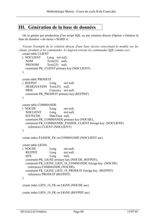 Méthodologie Merise - Cours du cycle B du Cnam.doc
______________________________________________________________________________


 III. Génération de la base de données
    On la génère par production d’un script SQL ou par création directe (Option « Générer la
 base de données » du menu « SGBD »)

    Voyons l'exemple de la création directe d'une base Access concernant le modèle sur les
 clients, produits et les commandes. Le logiciel exécute les commandes SQL comme ceci:
    create table CLIENT
    ( NOCLIENT            Long not null,
       NOM                Text(25) null,
       PRENOM             Text(25) null,
       constraint PK_CLIENT primary key (NOCLIENT)
    )

   create table PRODUIT
   ( REFPDT            Long     not null,
      DESIGNATION Text(25) null,
      PRIX             Currency not null,
      constraint PK_PRODUIT primary key (REFPDT)
   )

   create table COMMANDE
   ( NOCDE             Long     not null,
      NOCLIENT         Long     not null,
      DATECDE          DateTime null,
      constraint PK_COMMANDE primary key (NOCDE),
      constraint FK_COMMANDE_PASSER_CLIENT foreign key (NOCLIENT)
        references CLIENT (NOCLIENT)
   )

   create index PASSER_FK on COMMANDE (NOCLIENT asc)

   create table LIGNE
   ( NOCDE             Long     not null,
      REFPDT           Long     not null,
      QTE              Long     null,
      constraint PK_LIGNE primary key (NOCDE, REFPDT),
      constraint FK_LIGNE_LIEN_18_COMMANDE foreign key (NOCDE)
        references COMMANDE (NOCDE),
      constraint FK_LIGNE_LIEN_19_PRODUIT foreign key (REFPDT)
        references PRODUIT (REFPDT)
   )

   create index LIEN_18_FK on LIGNE (NOCDE asc)

   create index LIEN_19_FK on LIGNE (REFPDT asc)



___________________________________________________________________
  DI GALLO Frédéric                       Page 80                                  15/07/01
 