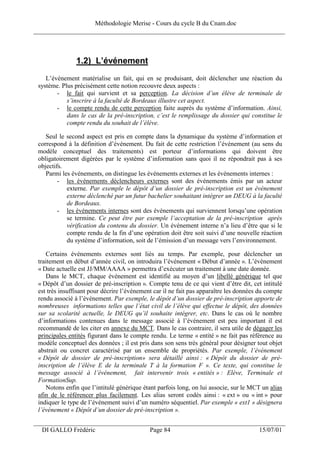 Méthodologie Merise - Cours du cycle B du Cnam.doc
______________________________________________________________________________



                1.2) L’événement
    L’événement matérialise un fait, qui en se produisant, doit déclencher une réaction du
 système. Plus précisément cette notion recouvre deux aspects :
        - le fait qui survient et sa perception. La décision d’un élève de terminale de
            s’inscrire à la faculté de Bordeaux illustre cet aspect.
        - le compte rendu de cette perception faite auprès du système d’information. Ainsi,
            dans le cas de la pré-inscription, c’est le remplissage du dossier qui constitue le
            compte rendu du souhait de l’élève.

    Seul le second aspect est pris en compte dans la dynamique du système d’information et
 correspond à la définition d’événement. Du fait de cette restriction l’événement (au sens du
 modèle conceptuel des traitements) est porteur d’informations qui doivent être
 obligatoirement digérées par le système d’information sans quoi il ne répondrait pas à ses
 objectifs.
    Parmi les événements, on distingue les événements externes et les événements internes :
         - les événements déclencheurs externes sont des événements émis par un acteur
            externe. Par exemple le dépôt d’un dossier de pré-inscription est un événement
            externe déclenché par un futur bachelier souhaitant intégrer un DEUG à la faculté
            de Bordeaux.
         - les événements internes sont des événements qui surviennent lorsqu’une opération
            se termine. Ce peut être par exemple l’acceptation de la pré-inscription après
            vérification du contenu du dossier. Un événement interne n’a lieu d’être que si le
            compte rendu de la fin d’une opération doit être soit suivi d’une nouvelle réaction
            du système d’information, soit de l’émission d’un message vers l’environnement.

    Certains événements externes sont liés au temps. Par exemple, pour déclencher un
 traitement en début d’année civil, on introduira l’événement « Début d’année ». L’événement
 « Date actuelle est JJ/MM/AAAA » permettra d’exécuter un traitement à une date donnée.
    Dans le MCT, chaque événement est identifié au moyen d’un libellé générique tel que
 « Dépôt d’un dossier de pré-inscription ». Compte tenu de ce qui vient d’être dit, cet intitulé
 est très insuffisant pour décrire l’événement car il ne fait pas apparaître les données du compte
 rendu associé à l’événement. Par exemple, le dépôt d’un dossier de pré-inscription apporte de
 nombreuses informations telles que l’état civil de l’élève qui effectue le dépôt, des données
 sur sa scolarité actuelle, le DEUG qu’il souhaite intégrer, etc. Dans le cas où le nombre
 d’informations contenues dans le message associé à l’événement est peu important il est
 recommandé de les citer en annexe du MCT. Dans le cas contraire, il sera utile de dégager les
 principales entités figurant dans le compte rendu. Le terme « entité » ne fait pas référence au
 modèle conceptuel des données ; il est pris dans son sens très général pour désigner tout objet
 abstrait ou concret caractérisé par un ensemble de propriétés. Par exemple, l’événement
 « Dépôt de dossier de pré-inscription» sera détaillé ainsi : « Dépôt du dossier de pré-
 inscription de l’élève E de la terminale T à la formation F ». Ce texte, qui constitue le
 message associé à l’événement, fait intervenir trois « entités » : Elève, Terminale et
 FormationSup.
    Notons enfin que l’intitulé générique étant parfois long, on lui associe, sur le MCT un alias
 afin de le référencer plus facilement. Les alias seront codés ainsi : « ext » ou « int » pour
 indiquer le type de l’événement suivi d’un numéro séquentiel. Par exemple « ext1 » désignera
 l’événement « Dépôt d’un dossier de pré-inscription ».
___________________________________________________________________
  DI GALLO Frédéric                          Page 84                                    15/07/01
 