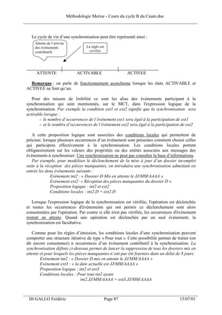 Méthodologie Merise - Cours du cycle B du Cnam.doc
______________________________________________________________________________


   Le cycle de vie d’une synchronisation peut être représenté ainsi :
     Attente de l’arrivée
     des événements                La règle est
     contributifs                   vérifiée




      ATTENTE                ACTIVABLE                      ACTIVEE

   Remarque : on parle de fonctionnement asynchrone lorsque les états ACTIVABLE et
 ACTIVEE ne font qu’un.

    Pour des raisons de lisibilité ce sont les alias des événements participant à la
 synchronisation qui sont mentionnés, sur le MCT, dans l'expression logique de la
 synchronisation. Par exemple la condition ext1 et ext2 signifie que la synchronisation sera
 activable lorsque :
        - le nombre d’occurrences de l’événement ext1 sera égal à la participation de ext1
        - et le nombre d’occurrences de l’événement ext2 sera égal à la participation de ext2

    A cette proposition logique sont associées des conditions locales qui permettent de
 préciser, lorsque plusieurs occurrences d’un événement sont présentes comment choisir celles
 qui participera effectivement à la synchronisation. Les conditions locales portent
 obligatoirement sur les valeurs des propriétés ou des entités associées aux messages des
 événements à synchroniser. Une synchronisation ne peut pas consulter la base d’informations.
    Par exemple, pour modéliser le déclenchement de la mise à jour d’un dossier incomplet
 suite à la réception des pièces manquantes, on introduira une synchronisation admettant en
 entrée les deux événements suivants :
               Evénement int2 : « Dossier D Mis en attente le JJ/MM/AAAA »
               Evénement ext2: « Réception des pièces manquantes du dossier D »
               Proposition logique : int2 et ext2
               Conditions locales : int2.D = ext2.D

    Lorsque l'expression logique de la synchronisation est vérifiée, l'opération est déclenchée
 et toutes les occurrences d'événements qui ont permis ce déclenchement sont alors
 consommées par l'opération. Par contre si elle n'est pas vérifiée, les occurrences d'événement
 restent en attente. Quand une opération est déclenchée par un seul événement, la
 synchronisation est facultative.

    Comme pour les règles d’émission, les conditions locales d’une synchronisation peuvent
 comporter une structure itérative de type « Pour tout ». Cette possibilité permet de traiter (on
 dit encore consommer) n occurrences d’un événement contributif à la synchronisation. La
 synchronisation définie ci-dessous permet de lancer la suppression de tous les dossiers mis en
 attente et pour lesquels les pièces manquantes n’ont pas été fournies dans un délai de 8 jours.
         Evénement int2 : « Dossier D mis en attente le JJ/MM/AAAA »
         Evénement ext3 : « la date actuelle est JJ/MM/AAAA »
         Proposition logique : int2 et ext3
         Conditions locales : Pour tout int2 ayant
                                 int2.JJ/MM/AAAA = ext3.JJ/MM/AAAA


___________________________________________________________________
  DI GALLO Frédéric                               Page 87                              15/07/01
 