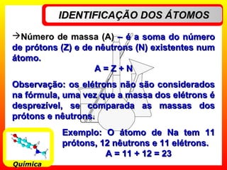 IDENTIFICAÇÃO DOS ÁTOMOSIDENTIFICAÇÃO DOS ÁTOMOS
QuímicaQuímica
Número de massa (A)Número de massa (A) – é a soma do número– é a soma do número
de prótons (Z) e de nêutrons (N) existentes numde prótons (Z) e de nêutrons (N) existentes num
átomo.átomo.
A = Z + NA = Z + N
Observação: os elétrons não são consideradosObservação: os elétrons não são considerados
na fórmula, uma vez que a massa dos elétrons éna fórmula, uma vez que a massa dos elétrons é
desprezível, se comparada as massas dosdesprezível, se comparada as massas dos
prótons e nêutrons.prótons e nêutrons.
Exemplo: O átomo de Na tem 11Exemplo: O átomo de Na tem 11
prótons, 12 nêutrons e 11 elétrons.prótons, 12 nêutrons e 11 elétrons.
A = 11 + 12 = 23A = 11 + 12 = 23
 