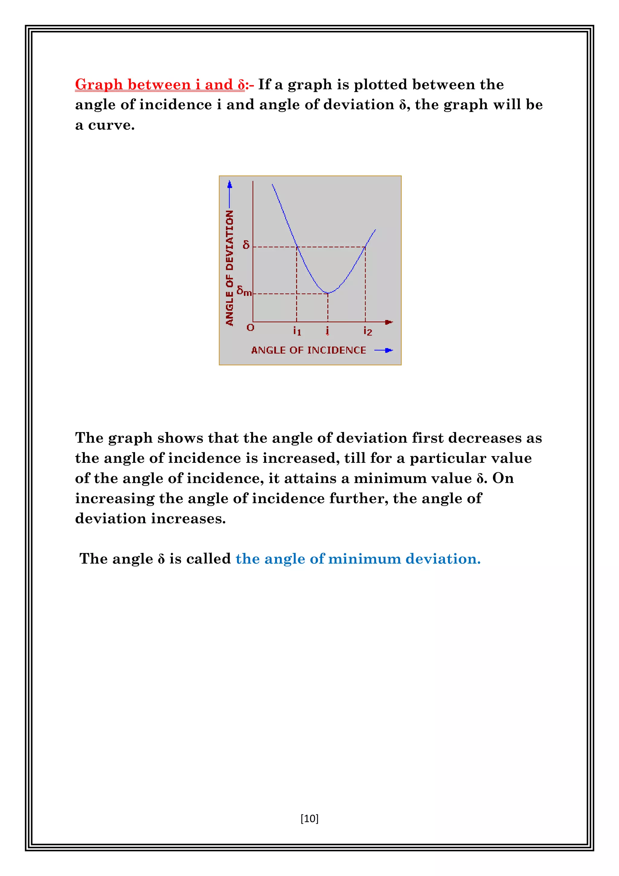 [10]
Graph between i and :- If a graph is plotted between the
a curve.
The graph shows that the angle of deviation first decreases as
the angle of incidence is increased, till for a particular value
of the angle of incidence, it attains a minimum value
increasing the angle of incidence further, the angle of
deviation increases.
The angle the angle of minimum deviation.
 