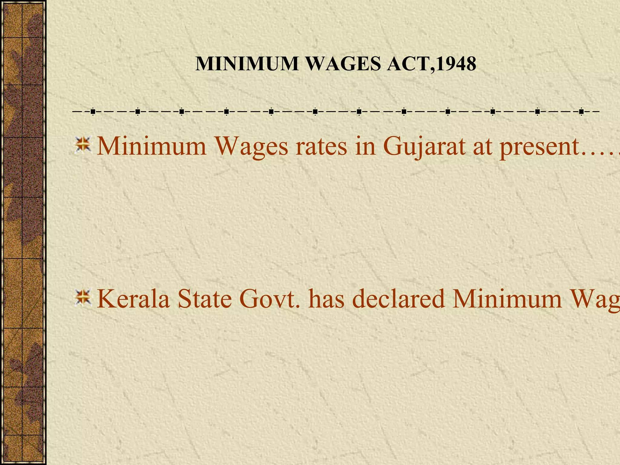 MINIMUM WAGES ACT,1948 
Minimum Wages rates in Gujarat at present…….Kerala State Govt. has declared Minimum Wages  