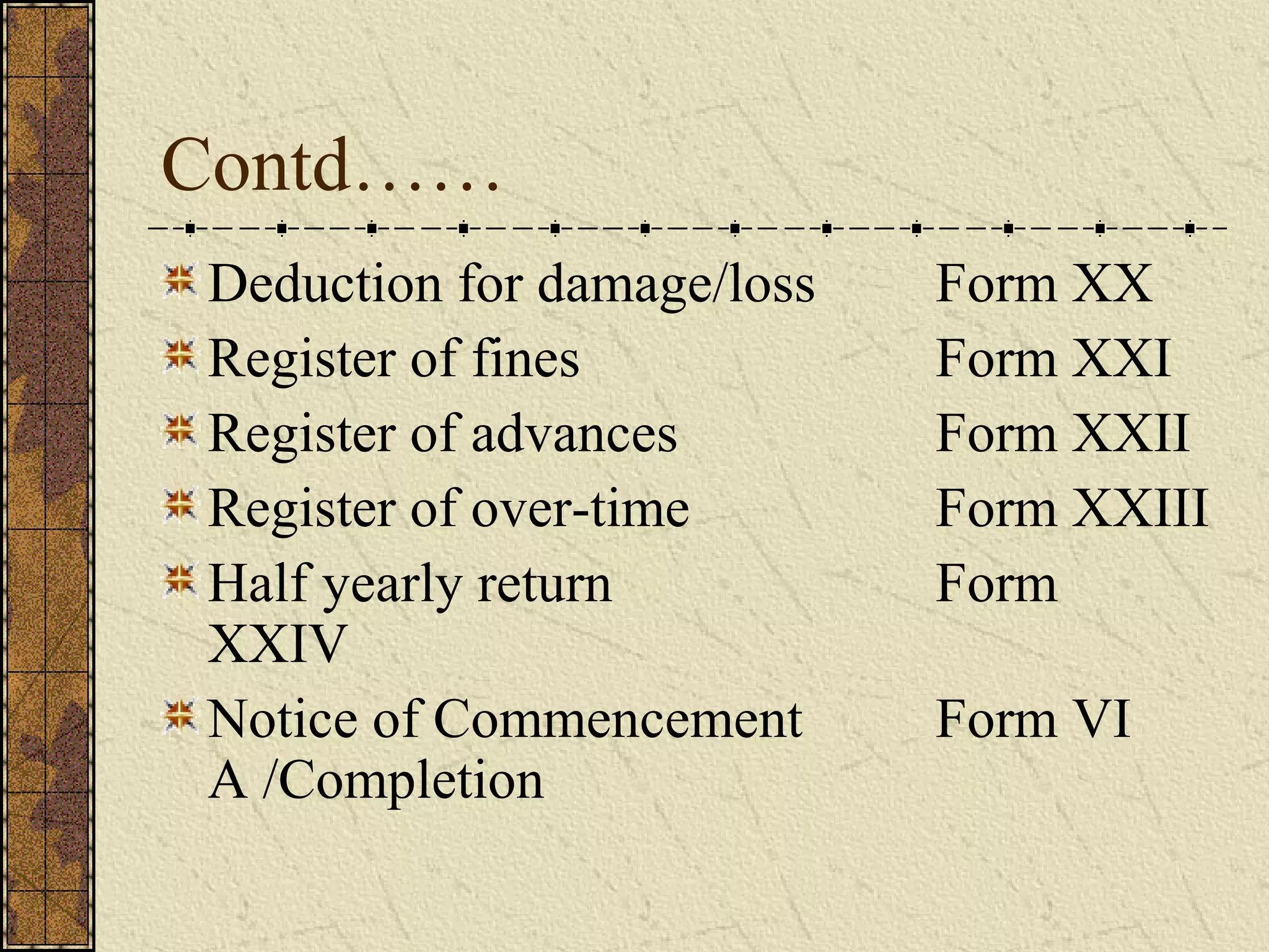 Contd…… 
Deduction for damage/loss Form XX 
Register of fines Form XXI 
Register of advances Form XXII 
Register of over-time Form XXIII 
Half yearly return Form 
XXIV 
Notice of Commencement Form VI 
A /Completion 
 