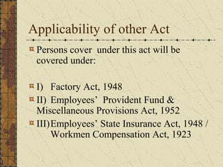 Applicability of other Act 
Persons cover under this act will be 
covered under: 
I) Factory Act, 1948 
II) Employees’ Provident Fund & 
Miscellaneous Provisions Act, 1952 
III)Employees’ State Insurance Act, 1948 / 
Workmen Compensation Act, 1923 
 