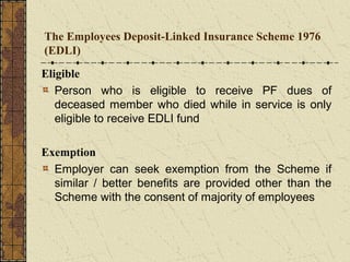 The Employees Deposit-Linked Insurance Scheme 1976 
(EDLI) 
Eligible 
Person who is eligible to receive PF dues of 
deceased member who died while in service is only 
eligible to receive EDLI fund 
Exemption 
Employer can seek exemption from the Scheme if 
similar / better benefits are provided other than the 
Scheme with the consent of majority of employees 
 