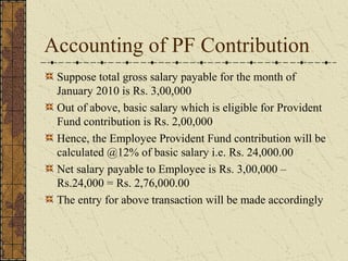 Accounting of PF Contribution 
Suppose total gross salary payable for the month of 
January 2010 is Rs. 3,00,000 
Out of above, basic salary which is eligible for Provident 
Fund contribution is Rs. 2,00,000 
Hence, the Employee Provident Fund contribution will be 
calculated @12% of basic salary i.e. Rs. 24,000.00 
Net salary payable to Employee is Rs. 3,00,000 – 
Rs.24,000 = Rs. 2,76,000.00 
The entry for above transaction will be made accordingly 
 