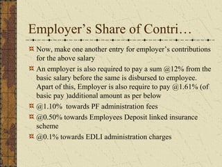 Employer’s Share of Contri… 
Now, make one another entry for employer’s contributions 
for the above salary 
An employer is also required to pay a sum @12% from the 
basic salary before the same is disbursed to employee. 
Apart of this, Employer is also require to pay @1.61% (of 
basic pay )additional amount as per below 
@1.10% towards PF administration fees 
@0.50% towards Employees Deposit linked insurance 
scheme 
@0.1% towards EDLI administration charges 
 