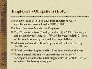 Employers - Obligations (ESIC) 
Get ESIC code with In 15 days from the date on which 
establishment is covered under ESIC ( 15000) 
Obtain Insurance Number for Employee 
Pay ESI contributions (Employers' share @ 4.75% of the wages 
and the employees' share @ 1.75% of the wages) within 21 days 
of the month following, in which the wages fall due. 
Maintain an 'Accident Book' as prescribed under the Factory 
Act/ESI Act 
Submit Accident Report within 24 hrs from the date of event 
Furnish annual information on continued coveragae of 
factory/establishment by submitting a return in Form no. 01A on 
or before 31st January every year 
 