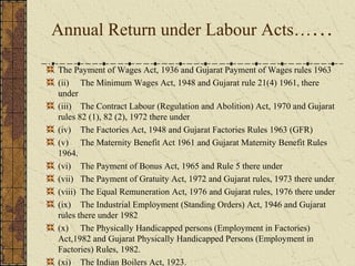 Annual Return under Labour Acts…… 
The Payment of Wages Act, 1936 and Gujarat Payment of Wages rules 1963 
(ii) The Minimum Wages Act, 1948 and Gujarat rule 21(4) 1961, there 
under 
(iii) The Contract Labour (Regulation and Abolition) Act, 1970 and Gujarat 
rules 82 (1), 82 (2), 1972 there under 
(iv) The Factories Act, 1948 and Gujarat Factories Rules 1963 (GFR) 
(v) The Maternity Benefit Act 1961 and Gujarat Maternity Benefit Rules 
1964. 
(vi) The Payment of Bonus Act, 1965 and Rule 5 there under 
(vii) The Payment of Gratuity Act, 1972 and Gujarat rules, 1973 there under 
(viii) The Equal Remuneration Act, 1976 and Gujarat rules, 1976 there under 
(ix) The Industrial Employment (Standing Orders) Act, 1946 and Gujarat 
rules there under 1982 
(x) The Physically Handicapped persons (Employment in Factories) 
Act,1982 and Gujarat Physically Handicapped Persons (Employment in 
Factories) Rules, 1982. 
(xi) The Indian Boilers Act, 1923. 
 