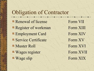 Obligation of Contractor 
Renewal of license Form VII 
Register of workman Form XIII 
Employment Card Form XIV 
Service Certificate Form XV 
Muster Roll Form XVI 
Wages register Form XVII 
Wage slip Form XIX 
 