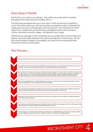 4
1
•Our partner will make contact with you (or you may reach out to them) and introduce our business to you.
2
•Our partner will meet with you formally to establish your exact requirements, at which point we will discuss our terms and
conditions with you to ensure that each party has an understanding of the other's expectations.
3
•Once we feel we have sufficient information to identify the right candidates, our partner will pass along your information to
our office, where our crack resourcing team will begin to work their magic. During this stage we will begin to headhunt
candidates, advertise your vacancies confidentially and initiate a dedicated internal operation to fill your vacancies.
4
•Once we have established a list of hopeful applicants, our veteran recruitment team will work with the partner to screen
potential candidates and create a shortlife via face to face profiling.
5
•The initial interview will always be handled by our team, so that we can make sure that the right candidates meet various
criteria, including appropriate legal requirements and verify their qualifications and experience.
6
•Afterwards, we will initiate the formal selection process with you, at which point we will make the candidates available to
you for interview and screening.
7
•Once everyone is satisfied that appropriate candidates have been identified, we will progress to the firm offer stage, and we
will then handle all the details related to making the placement a success.
8
•The final stage has us handling anything related to post placement, including following up with both you and the candidate
about the experience and to make sure our candidate is settled in, and that you are happy with them.
How Does It Work?
The first link in our chain is our partners. They will be your main point of contact
throughout the whole process of working with us.
The only thing we require from you is your input. At first we will want to gather as
much information about you and your business as possible in order to maximise the
quality and accuracy of the job spec that we work with. This is important for other
reasons too, namely that we find the best candidates suited to your company
culture, work ethic and with a skillset – all tailored to your needs.
Afterwards we will begin to find candidates for you, profile them with the help of our
partner, and eventually interview them before putting them in-front of you. By the
time we are ready to present a candidate, you know that we have performed
exhaustive checks on their quality.
The Process…
 