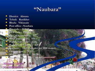 ““Naubara”Naubara”
Hemant SinghHemant Singh
91+801030487491+8010304874
 District:   AlmoraDistrict:   Almora
 Tehsil:   RanikhetTehsil:   Ranikhet
 Block:   VikiasainBlock:   Vikiasain
 Post office : Naubara  Post office : Naubara  
 Pin code :  263660Pin code :  263660
 STD code :  05966STD code :  05966
   No. of households:   127No. of households:   127
 Total population :   554Total population :   554
 Population- Male :   225Population- Male :   225
 Population- Female :   329Population- Female :   329
 Sex ratio :   1462  (females per 1000 males)Sex ratio :   1462  (females per 1000 males)
 Literacy rate :   79.53%Literacy rate :   79.53%
 Male Literacy rate :   95.28%Male Literacy rate :   95.28%
 Female Literacy rate :   68.90%Female Literacy rate :   68.90%
 