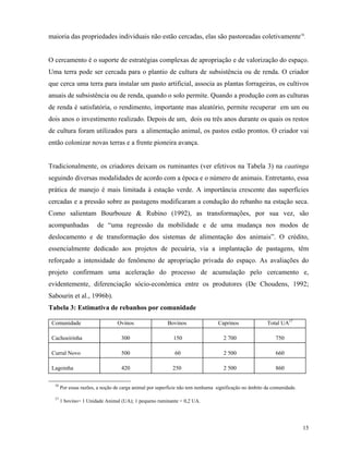 maioria das propriedades individuais não estão cercadas, elas são pastoreadas coletivamente16.


O cercamento é o suporte de estratégias complexas de apropriação e de valorização do espaço.
Uma terra pode ser cercada para o plantio de cultura de subsistência ou de renda. O criador
que cerca uma terra para instalar um pasto artificial, associa as plantas forrageiras, os cultivos
anuais de subsistência ou de renda, quando o solo permite. Quando a produção com as culturas
de renda é satisfatória, o rendimento, importante mas aleatório, permite recuperar em um ou
dois anos o investimento realizado. Depois de um, dois ou três anos durante os quais os restos
de cultura foram utilizados para a alimentação animal, os pastos estão prontos. O criador vai
então colonizar novas terras e a frente pioneira avança.


Tradicionalmente, os criadores deixam os ruminantes (ver efetivos na Tabela 3) na caatinga
seguindo diversas modalidades de acordo com a época e o número de animais. Entretanto, essa
prática de manejo é mais limitada à estação verde. A importância crescente das superfícies
cercadas e a pressão sobre as pastagens modificaram a condução do rebanho na estação seca.
Como salientam Bourbouze & Rubino (1992), as transformações, por sua vez, são
acompanhadas            de “uma regressão da mobilidade e de uma mudança nos modos de
deslocamento e de transformação dos sistemas de alimentação dos animais”. O crédito,
essencialmente dedicado aos projetos de pecuária, via a implantação de pastagens, têm
reforçado a intensidade do fenômeno de apropriação privada do espaço. As avaliações do
projeto confirmam uma aceleração do processo de acumulação pelo cercamento e,
evidentemente, diferenciação sócio-econômica entre os produtores (De Choudens, 1992;
Sabourin et al., 1996b).
Tabela 3: Estimativa de rebanhos por comunidade

 Comunidade                      Ovinos                  Bovinos                Caprinos               Total UA17

 Cachoeirinha                      300                     150                     2 700                   750

 Curral Novo                       500                      60                     2 500                   660

 Lagoinha                          420                     250                     2 500                   860

  16
       Por essas razões, a noção de carga animal por superficie não tem nenhuma significação no âmbito da comunidade.

  17
       1 bovino= 1 Unidade Animal (UA); 1 pequeno ruminante = 0,2 UA.




                                                                                                                        15
 