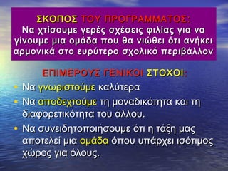 ΣΚΟΠΟΣΣΚΟΠΟΣ ΤΟΥ ΠΡΟΓΡΑΜΜΑΤΟΣΤΟΥ ΠΡΟΓΡΑΜΜΑΤΟΣ ::
Να χτίσουμε γερές σχέσεις φιλίας για ναΝα χτίσουμε γερές σχέσεις φιλίας για να
γίνουμε μια ομάδα που θα νιώθει ότι ανήκειγίνουμε μια ομάδα που θα νιώθει ότι ανήκει
αρμονικά στο ευρύτερο σχολικό περιβάλλοναρμονικά στο ευρύτερο σχολικό περιβάλλον
ΕΠΙΜΕΡΟΥΣ ΓΕΝΙΚΟΙΕΠΙΜΕΡΟΥΣ ΓΕΝΙΚΟΙ ΣΤΟΧΟΙΣΤΟΧΟΙ::
• ΝαΝα γνωριστούμεγνωριστούμε καλύτερακαλύτερα
• ΝαΝα αποδεχτούμεαποδεχτούμε τη μοναδικότητα και τητη μοναδικότητα και τη
διαφορετικότητα του άλλου.διαφορετικότητα του άλλου.
• Να συνειδητοποιήσουμε ότι η τάξη μαςΝα συνειδητοποιήσουμε ότι η τάξη μας
αποτελεί μιααποτελεί μια ομάδαομάδα όπου υπάρχει ισότιμοςόπου υπάρχει ισότιμος
χώρος για όλους.χώρος για όλους.
 