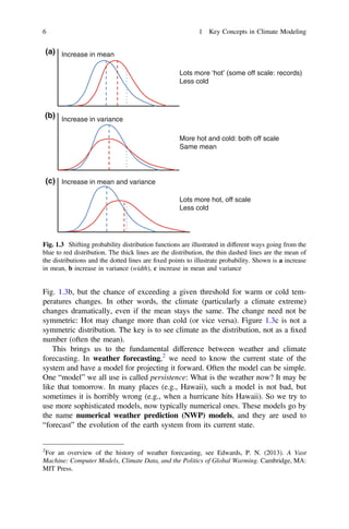 Fig. 1.3b, but the chance of exceeding a given threshold for warm or cold tem-
peratures changes. In other words, the climate (particularly a climate extreme)
changes dramatically, even if the mean stays the same. The change need not be
symmetric: Hot may change more than cold (or vice versa). Figure 1.3c is not a
symmetric distribution. The key is to see climate as the distribution, not as a ﬁxed
number (often the mean).
This brings us to the fundamental difference between weather and climate
forecasting. In weather forecasting,2
we need to know the current state of the
system and have a model for projecting it forward. Often the model can be simple.
One “model” we all use is called persistence: What is the weather now? It may be
like that tomorrow. In many places (e.g., Hawaii), such a model is not bad, but
sometimes it is horribly wrong (e.g., when a hurricane hits Hawaii). So we try to
use more sophisticated models, now typically numerical ones. These models go by
the name numerical weather prediction (NWP) models, and they are used to
“forecast” the evolution of the earth system from its current state.
Increase in mean
Lots more ‘hot’ (some off scale: records)
(a)
(b)
(c)
Less cold
Increase in variance
More hot and cold: both off scale
Same mean
Increase in mean and variance
Lots more hot, off scale
Less cold
Fig. 1.3 Shifting probability distribution functions are illustrated in different ways going from the
blue to red distribution. The thick lines are the distribution, the thin dashed lines are the mean of
the distributions and the dotted lines are ﬁxed points to illustrate probability. Shown is a increase
in mean, b increase in variance (width), c increase in mean and variance
2
For an overview of the history of weather forecasting, see Edwards, P. N. (2013). A Vast
Machine: Computer Models, Climate Data, and the Politics of Global Warming. Cambridge, MA:
MIT Press.
6 1 Key Concepts in Climate Modeling
 