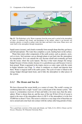 liquid source (oceans), and clouds eventually form enough drops that they get heavy
and fall (precipitate). The water thus completes a cycle, landing back on the surface.
Water then enters other components of the earth system, such as glaciers, snow,
soil or rivers. Soil moisture can go through plants to get back into the atmosphere
by transpiration. Or it can saturate the soil, become runoff and eventually get back
into the ocean, where the cycle repeats. The key is that water changes the energy
budget because it forms clouds, because it is a greenhouse gas and because it moves
heat around. Water evaporated in the tropics moves as water vapor with the winds
to higher latitudes (see Chap. 5), where it condenses as clouds and deposits heat
there. Water is magical stuff in the earth system. The cycle of water is linked to the
energy budget (through latent heat), and it links the atmosphere to other pieces of
the system.
2.1.2 The Ocean and Sea Ice
We have discussed the ocean briefly as a source of water. The world’s oceans (or
combining them into a single “ocean”) are a critical part of the climate system.5
The
ocean is a tremendous reservoir of heat and holds a lot more mass than the atmo-
sphere. Water is denser than air, and the mass of the top 30 feet (10 m) of ocean is
equal to the mass of the atmosphere above it (90 % of the atmosphere is in the ﬁrst
55,000 feet or about 17 km). The ocean is critical as a very large store of heat that can
move around and come back into contact with the surface after long periods of time.
Runoff
River Discharge
Evaporation
Precipitation
Condensation
Transpiration
Soil Moisture
Fig. 2.3 The Hydrologic cycle. Water evaporates from the ocean and is carried in the atmosphere
as vapor. It condenses into clouds, and precipitates to the surface, where it can become soil
moisture, glaciers, or runoff as surface water into lakes and back to the ocean. Plants move soil
water back to the atmosphere through transpiration
5
For a good basic overview of the ocean and climate, see Vallis, G. K. (2012). Climate and the
Oceans. Princeton, NJ: Princeton University Press.
2.1 Components of the Earth System 17
 