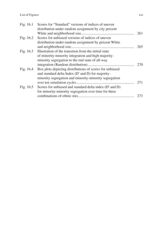 xxi
Fig. 16.1 Scores for “Standard” versions of indices of uneven
distribution under random assignment by city percent
White and neighborhood size.......................................................... 261
Fig. 16.2 Scores for unbiased versions of indices of uneven
distribution under random assignment by percent White
and neighborhood size.................................................................... 265
Fig. 16.3 Illustration of the transition from the initial state
of minority-minority integration and high majority-
minority segregation to the end state of all-way
integration (Random distribution)................................................... 270
Fig. 16.4 Box plots depicting distributions of scores for unbiased
and standard delta Index (D′ and D) for majority-
minority segregation and minority-­
minority segregation
over ten simulation cycles............................................................... 271
Fig. 16.5 Scores for unbiased and standard delta index (D′ and D)
for minority-­
minority segregation over time for three
combinations of ethnic mix............................................................. 273
List of Figures
 