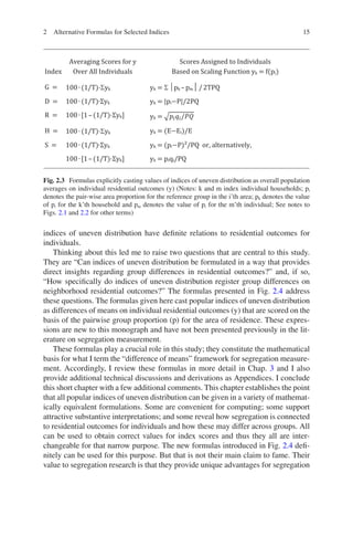 15
indices of uneven distribution have definite relations to residential outcomes for
individuals.
Thinking about this led me to raise two questions that are central to this study.
They are “Can indices of uneven distribution be formulated in a way that provides
direct insights regarding group differences in residential outcomes?” and, if so,
“How specifically do indices of uneven distribution register group differences on
neighborhood residential outcomes?” The formulas presented in Fig. 2.4 address
these questions. The formulas given here cast popular indices of uneven distribution
as differences of means on individual residential outcomes (y) that are scored on the
basis of the pairwise group proportion (p) for the area of residence. These expres-
sions are new to this monograph and have not been presented previously in the lit-
erature on segregation measurement.
These formulas play a crucial role in this study; they constitute the mathematical
basis for what I term the “difference of means” framework for segregation measure-
ment. Accordingly, I review these formulas in more detail in Chap. 3 and I also
provide additional technical discussions and derivations as Appendices. I conclude
this short chapter with a few additional comments. This chapter establishes the point
that all popular indices of uneven distribution can be given in a variety of mathemat-
ically equivalent formulations. Some are convenient for computing; some support
attractive substantive interpretations; and some reveal how segregation is connected
to residential outcomes for individuals and how these may differ across groups. All
can be used to obtain correct values for index scores and thus they all are inter-
changeable for that narrow purpose. The new formulas introduced in Fig. 2.4 defi-
nitely can be used for this purpose. But that is not their main claim to fame. Their
value to segregation research is that they provide unique advantages for segregation
Fig. 2.3 Formulas explicitly casting values of indices of uneven distribution as overall population
averages on individual residential outcomes (y) (Notes: k and m index individual households; pi
denotes the pair-wise area proportion for the reference group in the i’th area; pk denotes the value
of pi for the k’th household and pm denotes the value of pi for the m’th individual; See notes to
Figs. 2.1 and 2.2 for other terms)
2 Alternative Formulas for Selected Indices
 