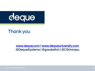 Thank you
www.deque.com | www.dequeuniversity.com
@DequeSystems | @goodwitch | @CSrinivasu
© 2016 - All Rights Reserved 24
 