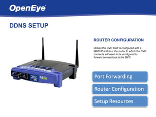 DDNS SETUP

             ROUTER CONFIGURATION
             Unless the DVR itself is configured with a
             WAN IP address, the router to which the DVR
             connects will need to be configured to
             forward connections to the DVR.
 