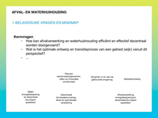 Kernvragen
- Hoe kan afvalverwerking en waterhuishouding efficiënt en effectief decentraal
worden doorgevoerd?
- Wat is het optimale ontwerp en transitieproces van een gebied (wijk) vanuit dit
perspectief?
- ...
AFVAL- EN WATERHUIHOUDING
> BELANGRIJKE VRAGEN EN MINDMAP
Interessante stakeholders: sprekers, interviews,voorbeelden, informatie, enz.
Decentraal
drinkwaterzuivering,
afval- en grondwater
verwerking
Hetgroen in en aan de
gebouwde omgeving
Effecten en gevolgen
van Urban Heat
Nieuwe
samenwerkingsvormen,
rollen en financiele
constructies
Afvalverwerking,
energiebesparing en
decentraal duurzaam
opwekken
Water,
energiebesparing
en decentraal
duurzaam
opwekken
Bewoners,
mobiliseren,
aanbod bundelen
Gebiedsontwerp
 