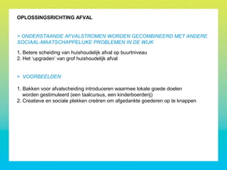 1. Betere scheiding van huishoudelijk afval op buurtniveau
2. Het ‘upgraden’ van grof huishoudelijk afval
> VOORBEELDEN
1. Bakken voor afvalscheiding introduceren waarmee lokale goede doelen
worden gestimuleerd (een taalcursus, een kinderboerderij)
2. Creatieve en sociale plekken creëren om afgedankte goederen op te knappen
OPLOSSINGSRICHTING AFVAL
> ONDERSTAANDE AFVALSTROMEN WORDEN GECOMBINEERD MET ANDERE
SOCIAAL-MAATSCHAPPELIJKE PROBLEMEN IN DE WIJK
 