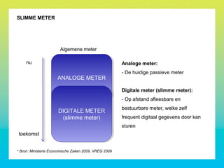 SLIMME METER
ANALOGE METERANALOGE METER
DIGITALE METER
(slimme meter)
DIGITALE METER
(slimme meter)
nu
toekomst
Algemene meter
• Bron: Ministerie Economische Zaken 2009, VREG 2009
Analoge meter:
- De huidige passieve meter
Digitale meter (slimme meter):
- Op afstand afleesbare en
bestuurbare meter, welke zelf
frequent digitaal gegevens door kan
sturen
 
