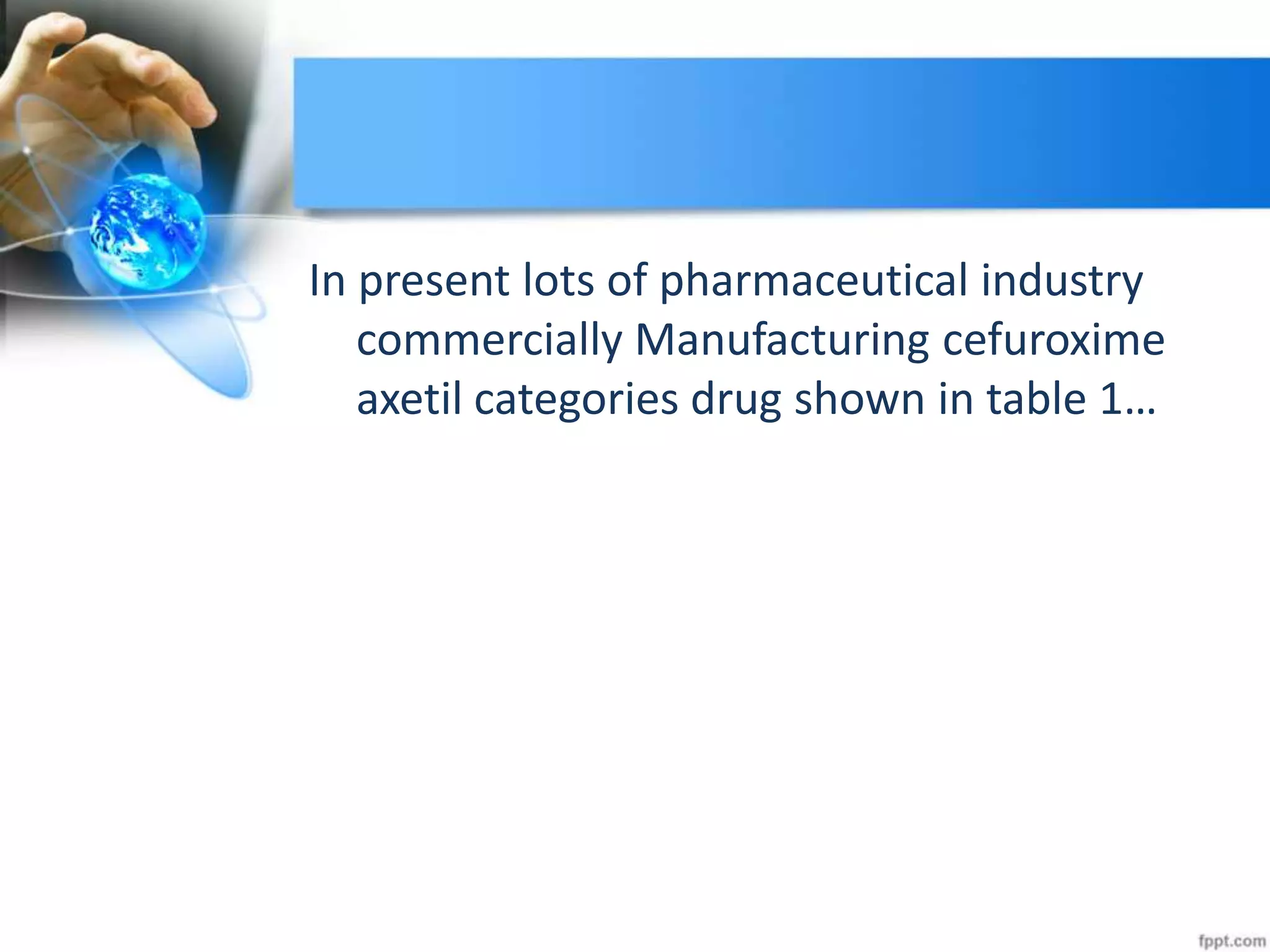 In present lots of pharmaceutical industry
commercially Manufacturing cefuroxime
axetil categories drug shown in table 1…
 