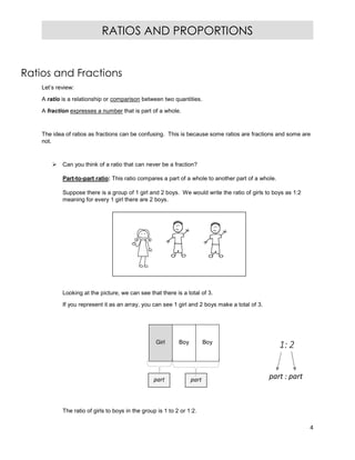 4
RATIOS AND PROPORTIONS
Ratios and Fractions
Let’s review:
A ratio is a relationship or comparison between two quantities.
A fraction expresses a number that is part of a whole.
The idea of ratios as fractions can be confusing. This is because some ratios are fractions and some are
not.
 Can you think of a ratio that can never be a fraction?
Part-to-part ratio: This ratio compares a part of a whole to another part of a whole.
Suppose there is a group of 1 girl and 2 boys. We would write the ratio of girls to boys as 1:2
meaning for every 1 girl there are 2 boys.
Looking at the picture, we can see that there is a total of 3.
If you represent it as an array, you can see 1 girl and 2 boys make a total of 3.
Girl Boy Boy
The ratio of girls to boys in the group is 1 to 2 or 1:2.
part part
1: 2
part : part
 