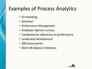 Examples of Process Analytics
• On-boarding
• Selection
• Performance Management
• Employee Opinion surveys
• Competencies adherence to performance
• Leadership Development
• 360 Assessments
• Work-life Balance Initiatives
 
