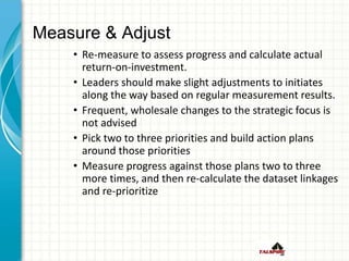 Measure & Adjust
• Re-measure to assess progress and calculate actual
return-on-investment.
• Leaders should make slight adjustments to initiates
along the way based on regular measurement results.
• Frequent, wholesale changes to the strategic focus is
not advised
• Pick two to three priorities and build action plans
around those priorities
• Measure progress against those plans two to three
more times, and then re-calculate the dataset linkages
and re-prioritize
 