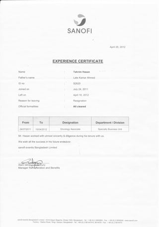 Oncology Sales_ Experience Certificate