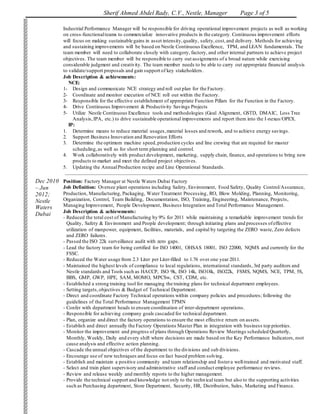 Sherif Ahmed Abdel Rady, C.V., Nestle, Manager Page 3 of 5
Industrial Performance Manager will be responsible for driving operational improvement projects as well as working
on cross-functionalteams to commercialize innovative products in the category. Continuous improvement efforts
will focus on making sustainable gains in asset intensity,quality, safety,cost,and delivery. Methods for achieving
and sustaining improvements will be based on Nestle Continuous Excellence, TPM, and LEAN fundamentals. The
team member will need to collaborate closely with category, factory, and other internal partners to achieve project
objectives. The team member will be responsible to carry out assignments of a broad nature while exercising
considerable judgment and creativity. The team member needs to be able to carry out appropriate financial analysis
to validate/support proposals and gain support of key stakeholders.
Job Description & achievements:
NCE:
1- Design and communicate NCE strategy and roll out plan for the Factory.
2- Coordinate and monitor execution of NCE roll out within the Factory.
3- Responsible for the effective establishment of appropriate Function Pillars for the Function in the Factory.
4- Drive Continuous Improvement & Productivity Savings Projects
5- Utilize Nestle Continuous Excellence tools and methodologies (Goal Alignment, GSTD, DMAIC, Loss Tree
Analysis,IPA, etc.) to drive sustainable operational improvements and report them into the I-nexus/OPEX.
IP:
1. Determine means to reduce material usages,material losses and rework, and to achieve energy savings.
2. Support Business Innovation and Renovation Efforts
3. Determine the optimum machine speed,production cycles and line crewing that are required for master
scheduling,as well as for short term planning and control.
4. Work collaboratively with product development, marketing, supply chain, finance, and operations to bring new
products to market and meet the defined project objectives.
5. Updating the AnnualProduction recipe and Line Operational Standards.
Dec 2010
– Jun
2012;
Nestle
Waters
Dubai
Position: Factory Manager at Nestle Waters Dubai Factory
Job Definition: Oversee plant operations including Safety, Environment, Food Safety, Quality Control/Assurance,
Production, Manufacturing, Packaging, Water Treatment Processing, RO, Blow Molding, Planning, Monitoring,
Organization, Control, Team Building, Documentation, ISO, Training, Engineering, Maintenance, Projects,
Managing Improvement, People Development, Business Integration and Total Performance Management.
Job Description & achievements:
- Reduced the total cost of Manufacturing by 9% for 2011 while maintaining a remarkable improvement trends for
Quality, Safety & Environment and People development; through initiating plans and processes ofeffective
utilization of manpower, equipment, facilities, materials, and capital by targeting the ZERO waste, Zero defects
and ZERO failures.
- Passed the ISO 22k surveillance audit with zero gaps.
- Lead the factory team for being certified for ISO 14001, OHSAS 18001, ISO 22000, NQMS and currently for the
FSSC.
- Reduced the Water usage from 2.3 Liter per Liter-filled to 1.76 over one year 2011.
- Maintained the highest levels of compliance to local regulations, international standards, 3rd party auditors and
Nestle standards and Tools such as HACCP, ISO 9k, ISO 14k, ISO18k, ISO22k, FSMS, NQMS, NCE, TPM, 5S,
BBS, GMP, GWP, HPE, SAM, MOMO, MPCSw, CST, CDM, etc.
- Established a strong training tool for managing the training plans for technical department employees.
- Setting targets,objectives & Budget of Technical Department.
- Direct and coordinate Factory Technical operations within company policies and procedures; following the
guidelines of the Total Performance Management TPMN
- Confer with department heads to ensure coordination of inter-department operations.
- Responsible for achieving company goals cascaded for technical department.
- Plan, organize and direct the factory operations to ensure the most effective return on assets.
- Establish and direct annually the Factory Operations Master Plan in integration with business top priorities.
- Monitor the improvement and progress of plans through Operations Review Meetings scheduled Quarterly,
Monthly, Weekly, Daily and every shift where decisions are made based on the Key Performance Indicators, root
cause analysis and effective action planning.
- Cascade the annual objectives of the department to the divisions and sub divisions.
- Encourage use of new techniques and focus on fact based problem solving.
- Establish and maintain a positive community and team relationship and fostera well-trained and motivated staff.
- Select and train plant supervisory and administrative staff and conduct employee performance reviews.
- Review and release weekly and monthly reports to the higher management.
- Provide the technical support and knowledge not only to the technical team but also to the supporting activities
such as Purchasing department, Store Department, Security, HR, Distribution, Sales, Marketing and Finance.
 