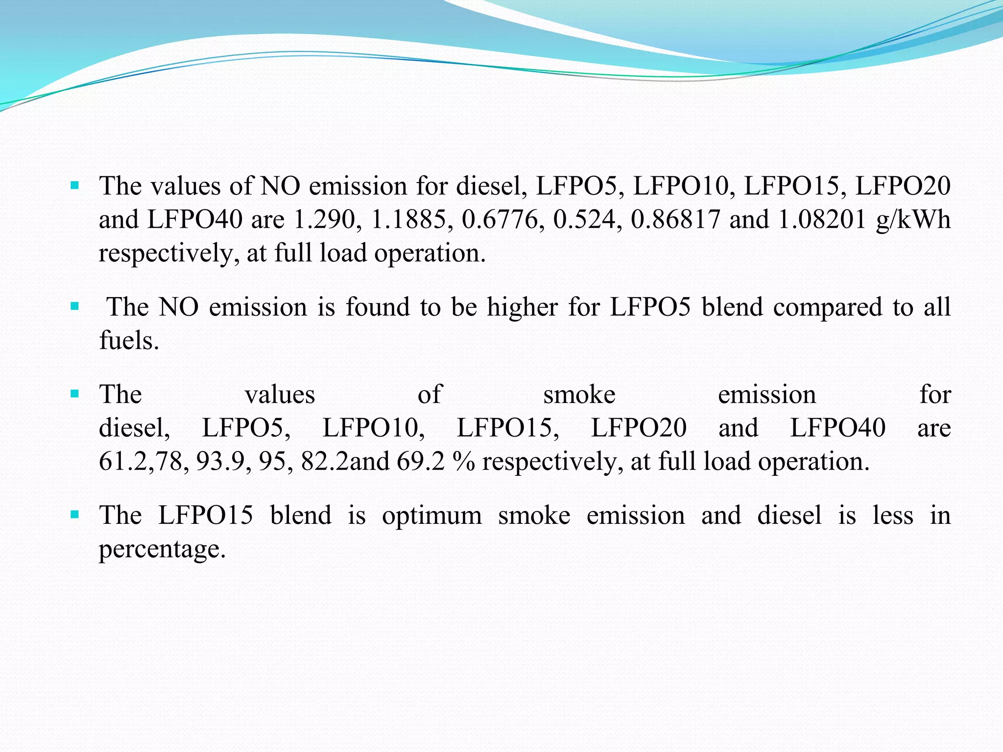  The values of NO emission for diesel, LFPO5, LFPO10, LFPO15, LFPO20

and LFPO40 are 1.290, 1.1885, 0.6776, 0.524, 0.86817 and 1.08201 g/kWh
respectively, at full load operation.
 The NO emission is found to be higher for LFPO5 blend compared to all

fuels.
 The

values
of
smoke
emission
diesel, LFPO5, LFPO10, LFPO15, LFPO20 and LFPO40
61.2,78, 93.9, 95, 82.2and 69.2 % respectively, at full load operation.

for
are

 The LFPO15 blend is optimum smoke emission and diesel is less in

percentage.

 