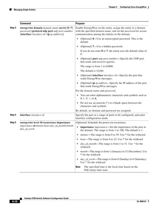 4-10
Catalyst 3750 Switch Software Configuration Guide
OL-8550-07
Chapter 4 Configuring Cisco EnergyWise
Managing Single Entities
Step 3 energywise domain domain-name secret [0 | 7]
password [protocol udp port udp-port-number
[interface interface-id | ip ip-address]]
Enable EnergyWise on the entity, assign the entity to a domain
with the specified domain-name, and set the password for secure
communication among the entities in the domain.
• (Optional) 0—Use an unencrypted password. This is the
default.
• (Optional) 7—Use a hidden password.
If you do not enter 0 or 7, the entity uses the default value of
0.
• (Optional) port udp-port-number—Specify the UDP port
that sends and receives queries.
The range is from 1 to 65000.
The default is 43440.
• (Optional) interface interface-id—Specify the port that
sends EnergyWise messages.
• (Optional) ip ip-address—Specify the IP address of the port
that sends EnergyWise messages.
For the domain-name and password,
• You can enter alphanumeric characters and symbols such as
#, (, %, !, or &.
• Do not use an asterisk (*) or a blank space between the
characters and symbols.
By default, no domain and password are assigned.
Step 4 interface interface-id Specify the port or a range of ports to be configured, and enter
interface configuration mode.
Step 5 energywise level 10 recurrence importance
importance at minute hour day_of_month month
day_of_week
(Optional) Schedule the power-on recurrence.
• importance importance—Set the importance of the port in
the domain. The range is from 1 to 100. The default is 1.
• minute—The range is from 0 to 59. Use * for the wildcard.
• hour—The range is from 0 to 23. Use * for the wildcard.
• day_of_month—The range is from 1 to 31. Use * for the
wildcard.
• month—The range is from 1 (January) to 12 (December). Use
* for the wildcard.
• day_of_week—The range is from 0 (Sunday) to 6 (Saturday).
Use * for the wildcard.
Note The specified time is the local time based on the
PoE-entity time zone.
Command Purpose
 
