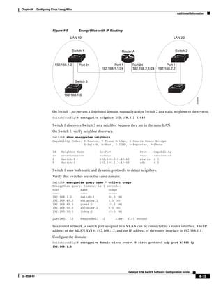 4-19
Catalyst 3750 Switch Software Configuration Guide
OL-8550-07
Chapter 4 Configuring Cisco EnergyWise
Additional Information
Figure 4-5 EnergyWise with IP Routing
On Switch 1, to prevent a disjointed domain, manually assign Switch 2 as a static neighbor or the reverse.
Switch(config)# energywise neighbor 192.168.2.2 43440
Switch 1 discovers Switch 3 as a neighbor because they are in the same LAN.
On Switch 1, verify neighbor discovery.
Switch# show energywise neighbors
Capability Codes: R-Router, T-Trans Bridge, B-Source Route Bridge
S-Switch, H-Host, I-IGMP, r-Repeater, P-Phone
Id Neighbor Name Ip:Port Prot Capability
-- ------------- ------- ---- ----------
6 Switch-2 192.168.2.2:43440 static S I
9 Switch-3 192.168.1.3:43440 cdp S I
Switch 1 uses both static and dynamic protocols to detect neighbors.
Verify that switches are in the same domain:
Switch# energywise query name * collect usage
EnergyWise query, timeout is 3 seconds:
Host Name Usage
---- ---- -----
192.168.1.2 Switch-1 96.0 (W)
192.168.40.2 shipping.1 6.3 (W)
192.168.40.2 guest.1 10.3 (W)
192.168.50.2 shipping.2 8.5 (W)
192.168.50.2 lobby.1 10.3 (W)
Queried: 72 Responded: 72 Time: 0.65 second
In a routed network, a switch port assigned to a VLAN can be connected to a router interface. The IP
address of the VLAN SVI is 192.168.1.2, and the IP address of the router interface is 192.168.1.1.
Configure the domain:
Switch(config)# energywise domain cisco secret 0 cisco protocol udp port 43440 ip
192.168.1.2
Switch 1
Switch 3
192.168.1.3
LAN 10
192.168.1.2 Port 1
192.168.1.1/24
Port 24
192.168.2.1/24
Port 24
Switch 2
Port 1
192.168.2.2
205695
LAN 20
Router A
 