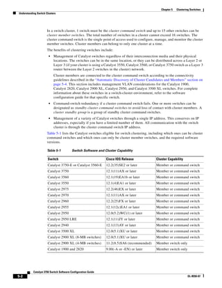 5-2
Catalyst 3750 Switch Software Configuration Guide
OL-8550-07
Chapter 5 Clustering Switches
Understanding Switch Clusters
In a switch cluster, 1 switch must be the cluster command switch and up to 15 other switches can be
cluster member switches. The total number of switches in a cluster cannot exceed 16 switches. The
cluster command switch is the single point of access used to configure, manage, and monitor the cluster
member switches. Cluster members can belong to only one cluster at a time.
The benefits of clustering switches include:
• Management of Catalyst switches regardless of their interconnection media and their physical
locations. The switches can be in the same location, or they can be distributed across a Layer 2 or
Layer 3 (if your cluster is using a Catalyst 3550, Catalyst 3560, or Catalyst 3750 switch as a Layer 3
router between the Layer 2 switches in the cluster) network.
Cluster members are connected to the cluster command switch according to the connectivity
guidelines described in the “Automatic Discovery of Cluster Candidates and Members” section on
page 5-4. This section includes management VLAN considerations for the Catalyst 1900,
Catalyst 2820, Catalyst 2900 XL, Catalyst 2950, and Catalyst 3500 XL switches. For complete
information about these switches in a switch-cluster environment, refer to the software
configuration guide for that specific switch.
• Command-switch redundancy if a cluster command switch fails. One or more switches can be
designated as standby cluster command switches to avoid loss of contact with cluster members. A
cluster standby group is a group of standby cluster command switches.
• Management of a variety of Catalyst switches through a single IP address. This conserves on IP
addresses, especially if you have a limited number of them. All communication with the switch
cluster is through the cluster command switch IP address.
Table 5-1 lists the Catalyst switches eligible for switch clustering, including which ones can be cluster
command switches and which ones can only be cluster member switches, and the required software
versions.
Table 5-1 Switch Software and Cluster Capability
Switch Cisco IOS Release Cluster Capability
Catalyst 3750-E or Catalyst 3560-E 12.2(35)SE2 or later Member or command switch
Catalyst 3750 12.1(11)AX or later Member or command switch
Catalyst 3560 12.1(19)EA1b or later Member or command switch
Catalyst 3550 12.1(4)EA1 or later Member or command switch
Catalyst 2975 12.2(46)EX or later Member or command switch
Catalyst 2970 12.1(11)AX or later Member or command switch
Catalyst 2960 12.2(25)FX or later Member or command switch
Catalyst 2955 12.1(12c)EA1 or later Member or command switch
Catalyst 2950 12.0(5.2)WC(1) or later Member or command switch
Catalyst 2950 LRE 12.1(11)JY or later Member or command switch
Catalyst 2940 12.1(13)AY or later Member or command switch
Catalyst 3500 XL 12.0(5.1)XU or later Member or command switch
Catalyst 2900 XL (8-MB switches) 12.0(5.1)XU or later Member or command switch
Catalyst 2900 XL (4-MB switches) 11.2(8.5)SA6 (recommended) Member switch only
Catalyst 1900 and 2820 9.00(-A or -EN) or later Member switch only
 