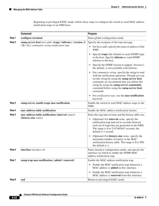 6-22
Catalyst 3750 Switch Software Configuration Guide
OL-8550-07
Chapter 6 Administering the Switch
Managing the MAC Address Table
Beginning in privileged EXEC mode, follow these steps to configure the switch to send MAC address
notification traps to an NMS host:
Command Purpose
Step 1 configure terminal Enter global configuration mode.
Step 2 snmp-server host host-addr {traps | informs} {version {1
| 2c | 3}} community-string notification-type
Specify the recipient of the trap message.
• For host-addr, specify the name or address of the
NMS.
• Specify traps (the default) to send SNMP traps
to the host. Specify informs to send SNMP
informs to the host.
• Specify the SNMP version to support. Version 1,
the default, is not available with informs.
• For community-string, specify the string to send
with the notification operation. Though you can
set this string by using the snmp-server host
command, we recommend that you define this
string by using the snmp-server community
command before using the snmp-server host
command.
• For notification-type, use the mac-notification
keyword.
Step 3 snmp-server enable traps mac-notification Enable the switch to send MAC address traps to the
NMS.
Step 4 mac address-table notification Enable the MAC address notification feature.
Step 5 mac address-table notification [interval value] |
[history-size value]
Enter the trap interval time and the history table size.
• (Optional) For interval value, specify the
notification trap interval in seconds between
each set of traps that are generated to the NMS.
The range is 0 to 2147483647 seconds; the
default is 1 second.
• (Optional) For history-size value, specify the
maximum number of entries in the MAC
notification history table. The range is 0 to 500;
the default is 1.
Step 6 interface interface-id Enter interface configuration mode, and specify the
interface on which to enable the SNMP MAC
address notification trap.
Step 7 snmp trap mac-notification {added | removed} Enable the MAC address notification trap.
• Enable the MAC notification trap whenever a
MAC address is added on this interface.
• Enable the MAC notification trap whenever a
MAC address is removed from this interface.
Step 8 end Return to privileged EXEC mode.
 