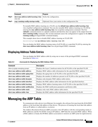 6-27
Catalyst 3750 Switch Software Configuration Guide
OL-8550-07
Chapter 6 Administering the Switch
Managing the ARP Table
To reenable MAC address learning on a VLAN, use the default mac address-table learning vlan
vlan-id global configuration command. You can also reenable MAC address learning on a VLAN by
entering the mac address-table learning vlan vlan-id global configuration command. The first
(default) command returns to a default condition and therefore does not appear in the output from the
show running-config command. The second command causes the configuration to appear in the show
running-config privileged EXEC command display.
This example shows how to disable MAC address learning on VLAN 200:
Switch(config)# no mac address-table learning vlan 200
You can display the MAC address learning status of all VLANs or a specified VLAN by entering the
show mac-address-table learning [vlan vlan-id] privileged EXEC command.
Displaying Address Table Entries
You can display the MAC address table by using one or more of the privileged EXEC commands
described in Table 6-4:
Managing the ARP Table
To communicate with a device (over Ethernet, for example), the software first must learn the 48-bit MAC
address or the local data link address of that device. The process of learning the local data link address
from an IP address is called address resolution.
The Address Resolution Protocol (ARP) associates a host IP address with the corresponding media or
MAC addresses and the VLAN ID. Using an IP address, ARP finds the associated MAC address. When
a MAC address is found, the IP-MAC address association is stored in an ARP cache for rapid retrieval.
Step 4 show mac address-table learning [vlan
vlan-id]
Verify the configuration.
Step 5 copy running-config startup-config (Optional) Save your entries in the configuration file.
Command Purpose
Table 6-4 Commands for Displaying the MAC Address Table
Command Description
show ip igmp snooping groups Displays the Layer 2 multicast entries for all VLANs or the specified VLAN.
show mac address-table address Displays MAC address table information for the specified MAC address.
show mac address-table aging-time Displays the aging time in all VLANs or the specified VLAN.
show mac address-table count Displays the number of addresses present in all VLANs or the specified VLAN.
show mac address-table dynamic Displays only dynamic MAC address table entries.
show mac address-table interface Displays the MAC address table information for the specified interface.
show mac address-table learning Displays MAC address learning status of all VLANs or the specified VLAN.
show mac address-table notification Displays the MAC notification parameters and history table.
show mac address-table static Displays only static MAC address table entries.
show mac address-table vlan Displays the MAC address table information for the specified VLAN.
 