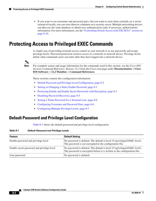 8-2
Catalyst 3750 Switch Software Configuration Guide
OL-8550-07
Chapter 8 Configuring Switch-Based Authentication
Protecting Access to Privileged EXEC Commands
• If you want to use username and password pairs, but you want to store them centrally on a server
instead of locally, you can store them in a database on a security server. Multiple networking devices
can then use the same database to obtain user authentication (and, if necessary, authorization)
information. For more information, see the “Controlling Switch Access with TACACS+” section on
page 8-10.
Protecting Access to Privileged EXEC Commands
A simple way of providing terminal access control in your network is to use passwords and assign
privilege levels. Password protection restricts access to a network or network device. Privilege levels
define what commands users can enter after they have logged into a network device.
Note For complete syntax and usage information for the commands used in this section, see the Cisco IOS
Security Command Reference, Release 12.2 from the Cisco.com page under Documentation > Cisco
IOS Software > 12.2 Mainline > Command References.
These sections contain this configuration information:
• Default Password and Privilege Level Configuration, page 8-2
• Setting or Changing a Static Enable Password, page 8-3
• Protecting Enable and Enable Secret Passwords with Encryption, page 8-3
• Disabling Password Recovery, page 8-5
• Setting a Telnet Password for a Terminal Line, page 8-6
• Configuring Username and Password Pairs, page 8-6
• Configuring Multiple Privilege Levels, page 8-7
Default Password and Privilege Level Configuration
Table 8-1 shows the default password and privilege level configuration.
Table 8-1 Default Password and Privilege Levels
Feature Default Setting
Enable password and privilege level No password is defined. The default is level 15 (privileged EXEC level).
The password is not encrypted in the configuration file.
Enable secret password and privilege level No password is defined. The default is level 15 (privileged EXEC level).
The password is encrypted before it is written to the configuration file.
Line password No password is defined.
 
