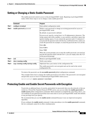 8-3
Catalyst 3750 Switch Software Configuration Guide
OL-8550-07
Chapter 8 Configuring Switch-Based Authentication
Protecting Access to Privileged EXEC Commands
Setting or Changing a Static Enable Password
The enable password controls access to the privileged EXEC mode. Beginning in privileged EXEC
mode, follow these steps to set or change a static enable password:
To remove the password, use the no enable password global configuration command.
This example shows how to change the enable password to l1u2c3k4y5. The password is not encrypted
and provides access to level 15 (traditional privileged EXEC mode access):
Switch(config)# enable password l1u2c3k4y5
Protecting Enable and Enable Secret Passwords with Encryption
To provide an additional layer of security, particularly for passwords that cross the network or that are
stored on a Trivial File Transfer Protocol (TFTP) server, you can use either the enable password or
enable secret global configuration commands. Both commands accomplish the same thing; that is, you
can establish an encrypted password that users must enter to access privileged EXEC mode (the default)
or any privilege level you specify.
We recommend that you use the enable secret command because it uses an improved encryption
algorithm.
If you configure the enable secret command, it takes precedence over the enable password command;
the two commands cannot be in effect simultaneously.
Command Purpose
Step 1 configure terminal Enter global configuration mode.
Step 2 enable password password Define a new password or change an existing password for access to
privileged EXEC mode.
By default, no password is defined.
For password, specify a string from 1 to 25 alphanumeric characters. The
string cannot start with a number, is case sensitive, and allows spaces but
ignores leading spaces. It can contain the question mark (?) character if
you precede the question mark with the key combination Crtl-v when you
create the password; for example, to create the password abc?123, do this:
Enter abc.
Enter Crtl-v.
Enter ?123.
When the system prompts you to enter the enable password, you need not
precede the question mark with the Ctrl-v; you can simply enter abc?123
at the password prompt.
Step 3 end Return to privileged EXEC mode.
Step 4 show running-config Verify your entries.
Step 5 copy running-config startup-config (Optional) Save your entries in the configuration file.
The enable password is not encrypted and can be read in the switch
configuration file.
 