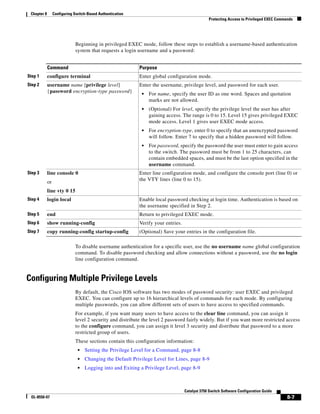 8-7
Catalyst 3750 Switch Software Configuration Guide
OL-8550-07
Chapter 8 Configuring Switch-Based Authentication
Protecting Access to Privileged EXEC Commands
Beginning in privileged EXEC mode, follow these steps to establish a username-based authentication
system that requests a login username and a password:
To disable username authentication for a specific user, use the no username name global configuration
command. To disable password checking and allow connections without a password, use the no login
line configuration command.
Configuring Multiple Privilege Levels
By default, the Cisco IOS software has two modes of password security: user EXEC and privileged
EXEC. You can configure up to 16 hierarchical levels of commands for each mode. By configuring
multiple passwords, you can allow different sets of users to have access to specified commands.
For example, if you want many users to have access to the clear line command, you can assign it
level 2 security and distribute the level 2 password fairly widely. But if you want more restricted access
to the configure command, you can assign it level 3 security and distribute that password to a more
restricted group of users.
These sections contain this configuration information:
• Setting the Privilege Level for a Command, page 8-8
• Changing the Default Privilege Level for Lines, page 8-9
• Logging into and Exiting a Privilege Level, page 8-9
Command Purpose
Step 1 configure terminal Enter global configuration mode.
Step 2 username name [privilege level]
{password encryption-type password}
Enter the username, privilege level, and password for each user.
• For name, specify the user ID as one word. Spaces and quotation
marks are not allowed.
• (Optional) For level, specify the privilege level the user has after
gaining access. The range is 0 to 15. Level 15 gives privileged EXEC
mode access. Level 1 gives user EXEC mode access.
• For encryption-type, enter 0 to specify that an unencrypted password
will follow. Enter 7 to specify that a hidden password will follow.
• For password, specify the password the user must enter to gain access
to the switch. The password must be from 1 to 25 characters, can
contain embedded spaces, and must be the last option specified in the
username command.
Step 3 line console 0
or
line vty 0 15
Enter line configuration mode, and configure the console port (line 0) or
the VTY lines (line 0 to 15).
Step 4 login local Enable local password checking at login time. Authentication is based on
the username specified in Step 2.
Step 5 end Return to privileged EXEC mode.
Step 6 show running-config Verify your entries.
Step 7 copy running-config startup-config (Optional) Save your entries in the configuration file.
 