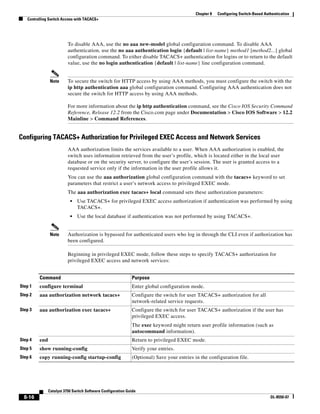 8-16
Catalyst 3750 Switch Software Configuration Guide
OL-8550-07
Chapter 8 Configuring Switch-Based Authentication
Controlling Switch Access with TACACS+
To disable AAA, use the no aaa new-model global configuration command. To disable AAA
authentication, use the no aaa authentication login {default | list-name} method1 [method2...] global
configuration command. To either disable TACACS+ authentication for logins or to return to the default
value, use the no login authentication {default | list-name} line configuration command.
Note To secure the switch for HTTP access by using AAA methods, you must configure the switch with the
ip http authentication aaa global configuration command. Configuring AAA authentication does not
secure the switch for HTTP access by using AAA methods.
For more information about the ip http authentication command, see the Cisco IOS Security Command
Reference, Release 12.2 from the Cisco.com page under Documentation > Cisco IOS Software > 12.2
Mainline > Command References.
Configuring TACACS+ Authorization for Privileged EXEC Access and Network Services
AAA authorization limits the services available to a user. When AAA authorization is enabled, the
switch uses information retrieved from the user’s profile, which is located either in the local user
database or on the security server, to configure the user’s session. The user is granted access to a
requested service only if the information in the user profile allows it.
You can use the aaa authorization global configuration command with the tacacs+ keyword to set
parameters that restrict a user’s network access to privileged EXEC mode.
The aaa authorization exec tacacs+ local command sets these authorization parameters:
• Use TACACS+ for privileged EXEC access authorization if authentication was performed by using
TACACS+.
• Use the local database if authentication was not performed by using TACACS+.
Note Authorization is bypassed for authenticated users who log in through the CLI even if authorization has
been configured.
Beginning in privileged EXEC mode, follow these steps to specify TACACS+ authorization for
privileged EXEC access and network services:
Command Purpose
Step 1 configure terminal Enter global configuration mode.
Step 2 aaa authorization network tacacs+ Configure the switch for user TACACS+ authorization for all
network-related service requests.
Step 3 aaa authorization exec tacacs+ Configure the switch for user TACACS+ authorization if the user has
privileged EXEC access.
The exec keyword might return user profile information (such as
autocommand information).
Step 4 end Return to privileged EXEC mode.
Step 5 show running-config Verify your entries.
Step 6 copy running-config startup-config (Optional) Save your entries in the configuration file.
 